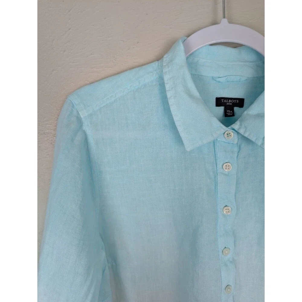 TALBOTS Womens XLP Ombre Dip Dye 100% Linen Roll Tab Button Shirt Blouse Top